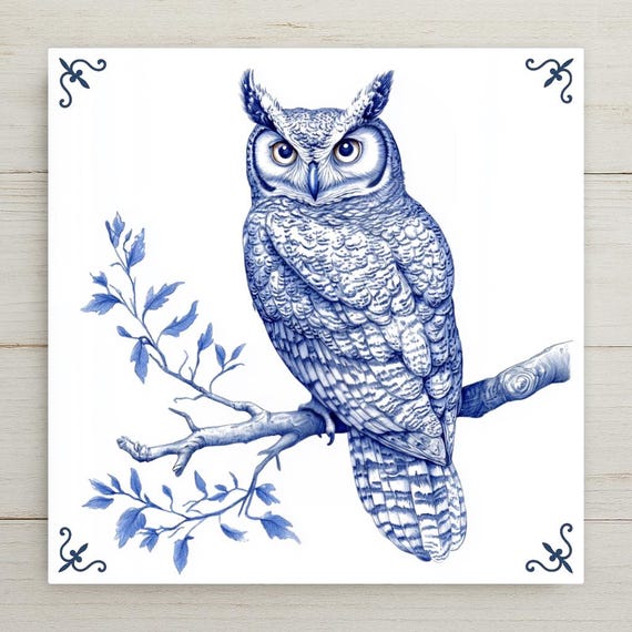 Delft Tile Horned Owl Art: Dutch Ceramic Bird Wall Decor