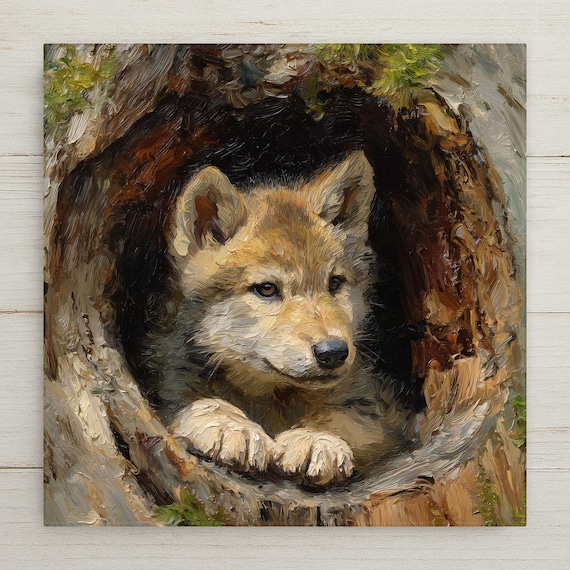Wolf Pup Ceramic Tile Wall Art – Woodland Wildlife Decor, Rustic Home Decor, Forest Nursery Wall Art, Baby Wolf Art Tile for Nature Lovers