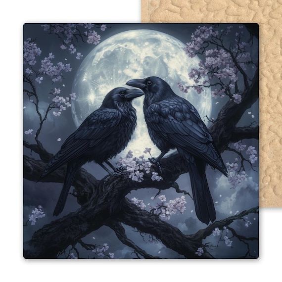 Murder of Crows Moonlight Ceramic Art Tile – Gothic Raven Decor, Full Moon Wall Art, Dark Fantasy Nature Scene, Bird Lover Gift