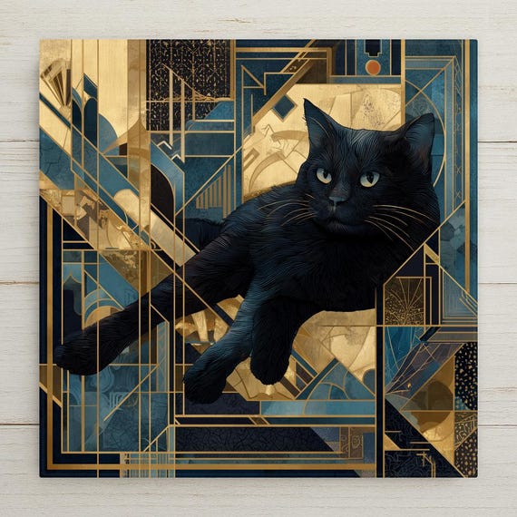 Elegant Art Deco Black Cat Ceramic Tile - Stained Glass Geometric Design for Pet Lovers' Home Decor