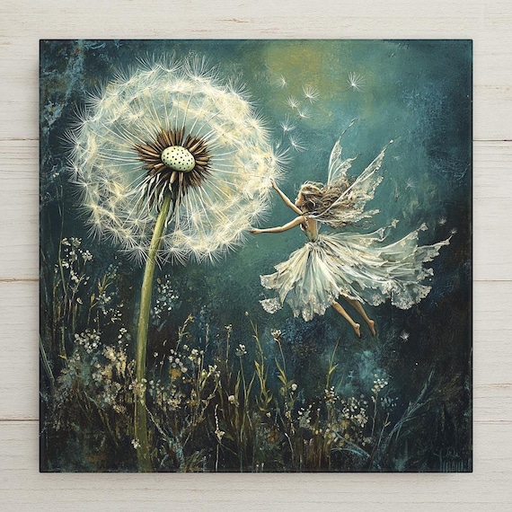 Whimsical Fairy Dandelion Ceramic Tile: Fantasy Art Nature Lover Gift, Enchanted Decor, Handcrafted