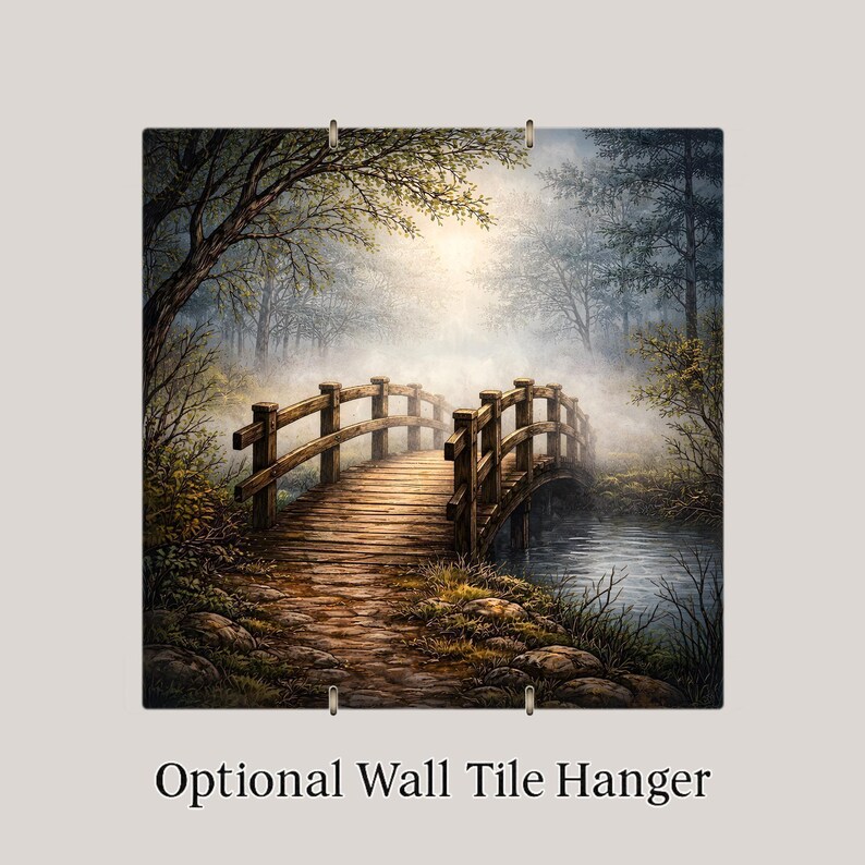 Foggy Woodland Bridge Peaceful Wall Art Ceramic Tile – Stained Glass Style, Nature Inspired Home Decor image 4