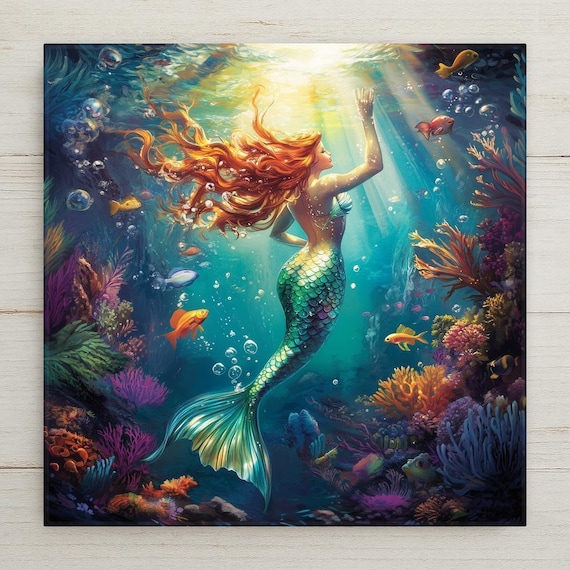 Mermaid Ceramic Tile Art: Fantasy Underwater Coral Reef Decor