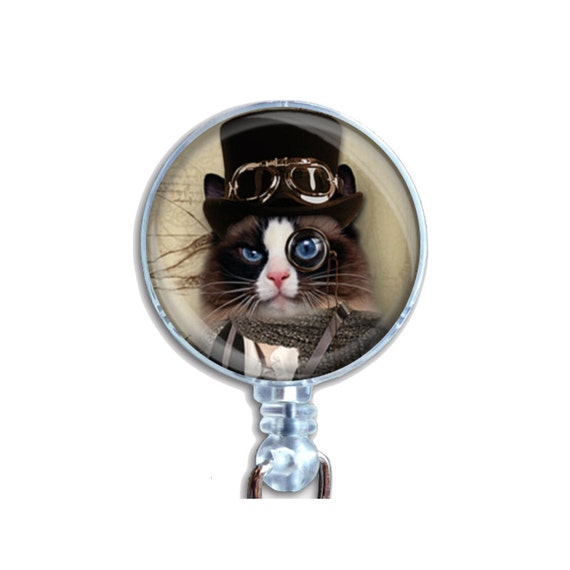 Badge Reel ID Retractable Lanyard Name Card Badge Holder Steampunk Cat With Black Hat With Goggles And Spectacle