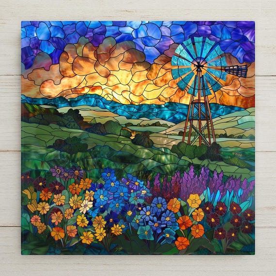 Hill Country Windmill Ceramic Tile: Stained Glass Texas Landscape Wall Art for Rustic Farmhouse Decor