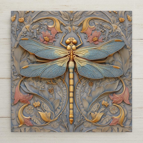 Art Nouveau Dragonfly Symbolic Wall Art Ceramic Tile – Stained Glass Style, Nature Inspired Home Decor