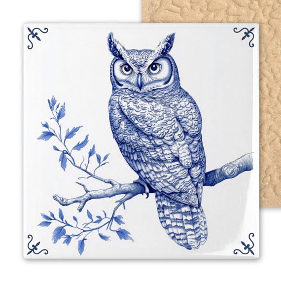Blue Delft Tile Art – Horned Owl on Branch – Woodland Bird Wall Decor – Dutch Ceramic Style – Spiritual Nature Gift for Owl Lovers