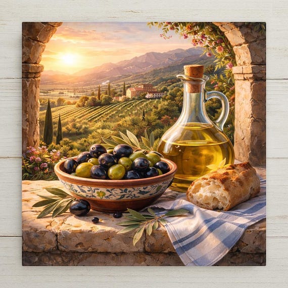 Tuscan Olive Harvest Wall Art Ceramic Tile – Mediterranean Kitchen Wall Decor, Italian Countryside Home Decor, Vineyard Sunset