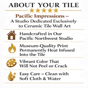 The image is a promotional poster for Pacific Impressions, a studio dedicated exclusively to ceramic tile wall art. It features five key points about the studio's offerings, including handmade ceramic tiles, a permanent heat-infused design, vibrant color, easy care, and the use of soft cloth and water for cleaning.