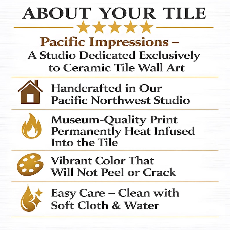The image is a promotional poster for Pacific Impressions, a studio dedicated exclusively to ceramic tile wall art. It features five key points about the studio's offerings, including handmade ceramic tiles, a permanent heat-infused design, vibrant color, easy care, and the use of soft cloth and water for cleaning.