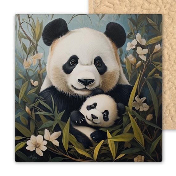 Mother and Baby Panda Ceramic Tile Wall Art - Botanical Art Nouveau Wildlife Nursery Decor Gift