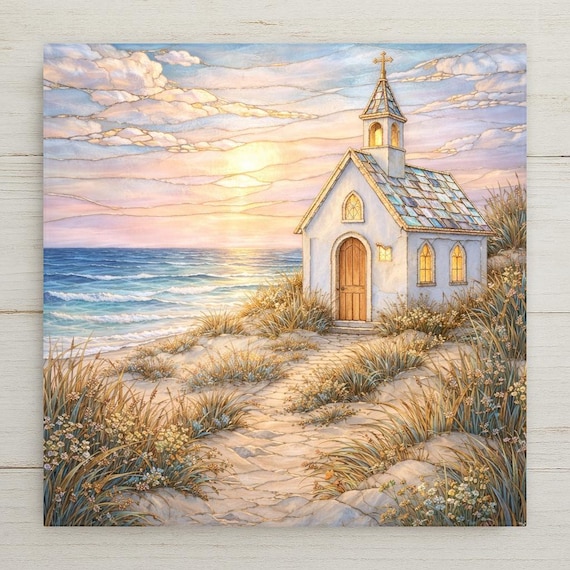 Coastal Chapel Ceramic Wall Tile Art - Seaside Church Sunset Scene, Stained Glass Style Home Decor