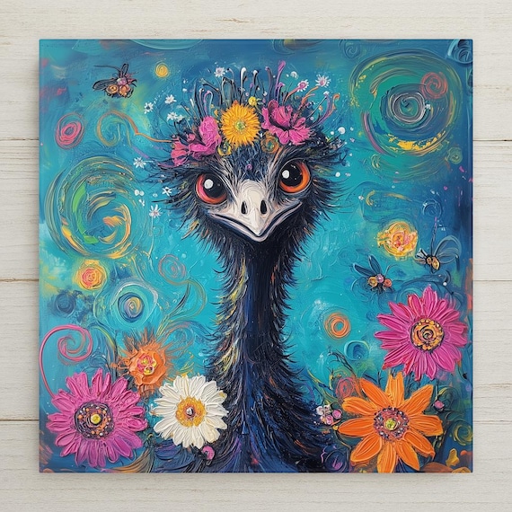 Whimsical Emu Ceramic Tile Art: Colorful Floral Bird Wall Decor for Eclectic Nature Lovers