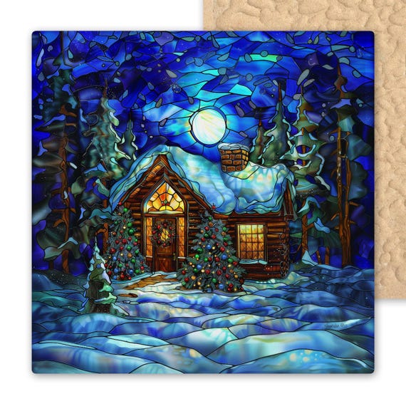 Stained Glass Style Christmas Cabin Tile Art: Snowy Winter Holiday Decor