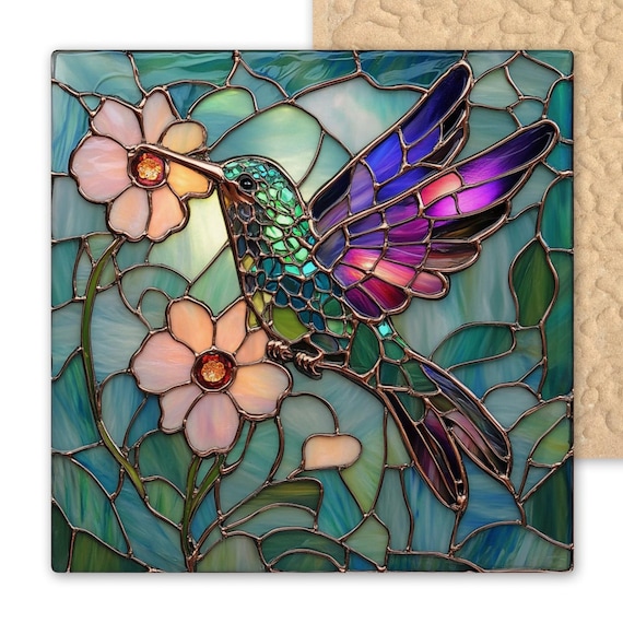 Vibrant Hummingbird Ceramic Tile Art - Stained Glass Style Floral Wall Decor - Handmade Garden Bird Nature