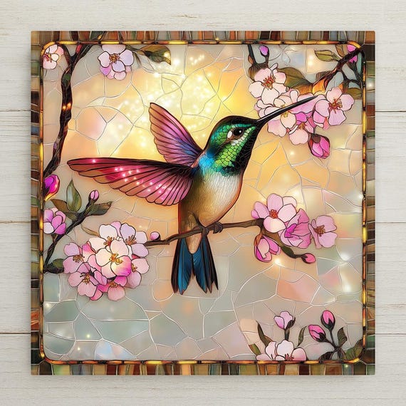 Handcrafted Stained Glass Hummingbird Ceramic Tile: Vibrant Floral Garden Wall Art Decor