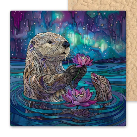 Otter Ceramic Tile Art - Stained Glass Style Wall Decor with Lotus Flowers and Northern Lights - Whimsical Animal Nature Art for Home