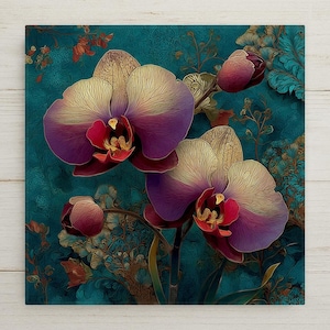 May include: A square wall art print featuring two large blooming orchids and two closed buds. The petals transition from a creamy white to a deep purple, with vibrant red centers. The background is a textured, dark teal with intricate floral patterns.