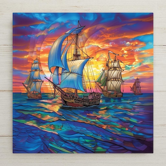 Nautical Sunset Sailing Fleet Ceramic Tile: Stained Glass Style Coastal Wall Art