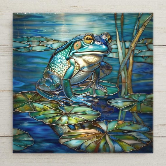 Nature-Inspired Blue Ceramic Frog Tile: Lily Pad Wall Art for Home & Garden Decor, Amphibian Gift