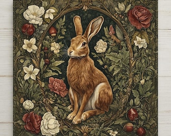 May include: A square wall art print featuring a brown hare centered within an ornate, dark-toned oval frame. The surrounding border is decorated with detailed illustrations of white and red roses, green foliage, and small dark berries.
