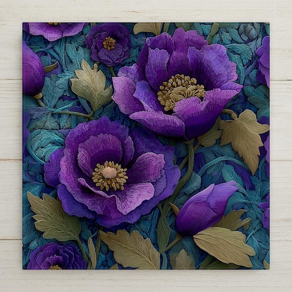 Violet Wall Art Ceramic Tile Art Nouveau Gift William Morris Style Botanical Floral Decor Violet Lover Nature Gift
