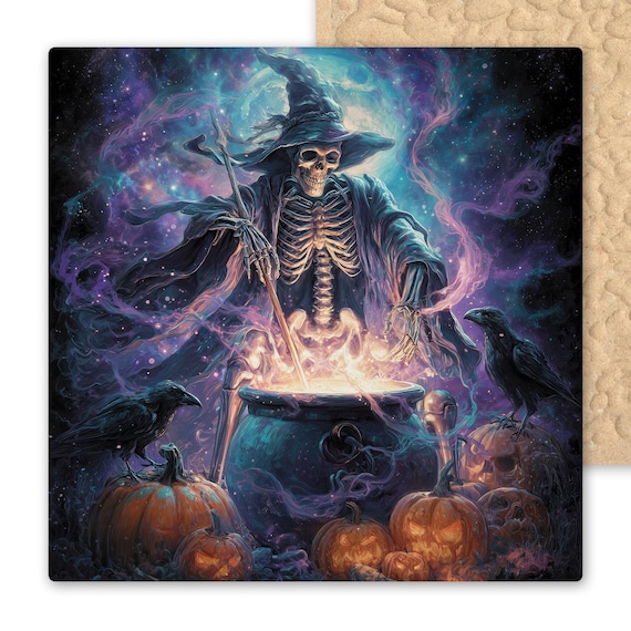Enchanting Halloween Tile Art: Skeleton Witch, Galactic Cauldron, Ravens & Pumpkins - Spooky Wall Decor