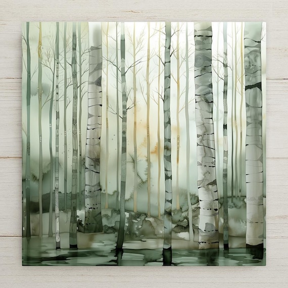 Birch Forest Wall Art Ceramic Tile – Misty Woodland Decor – Scandinavian Forest Wall Decor – Neutral Nature Wall Art Home Decor