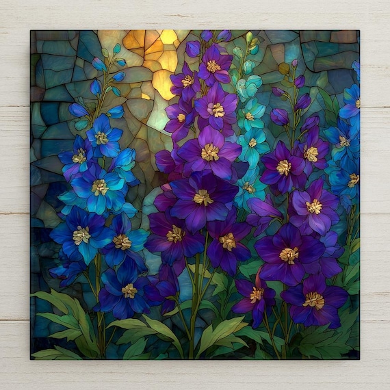 Larkspur Wall Art Ceramic Tile July Birthday Gift Birth Month Flower Stained Glass Style Botanical Summer Art