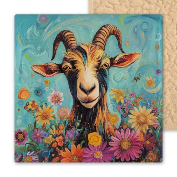 Vibrant Psychedelic Goat Tile: Whimsical Ceramic Folk Art Wall Decor with Bright Floral Fantasy Design
