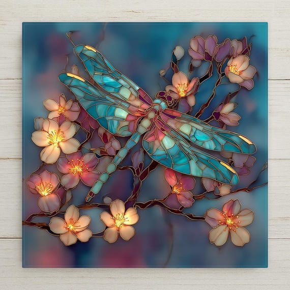 Dragonfly Cherry Blossom Wall Art Ceramic Tile Stained Glass Style Memorial Gift Nature Botanical Decor