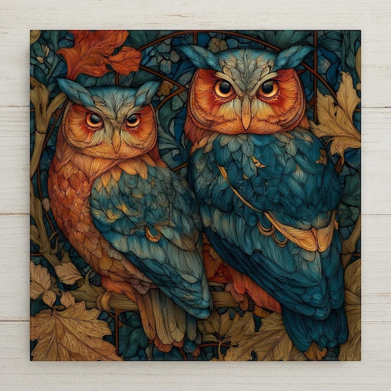 Stained Glass Style Owl Ceramic Tile Art: Woodland Home Decor