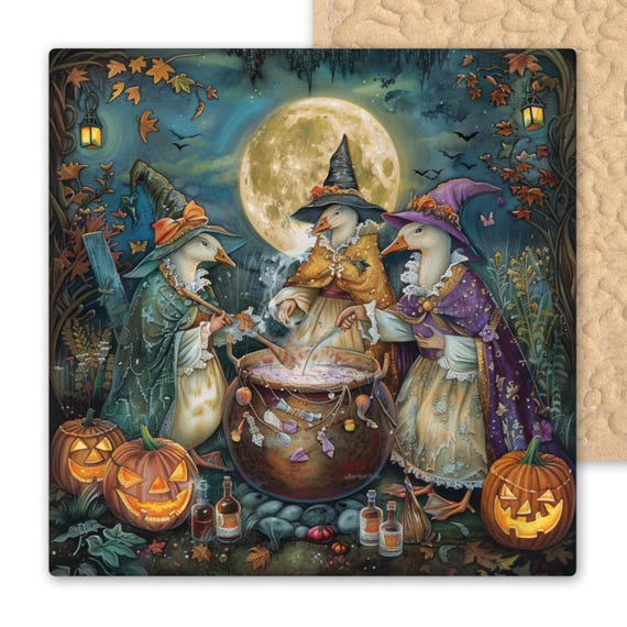 Witch Goose Ceramic Tile Art - Whimsical Halloween Wall Decor with Full Moon and Pumpkins - Cute Goose Witch Animal Art Tile for Home