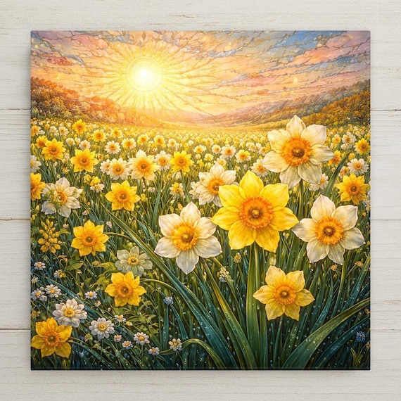 Daffodil Field Wall Art Ceramic Tile – Spring Floral Home Decor, Yellow Flower Landscape, Nature Artwork, Cottagecore Wall Decor