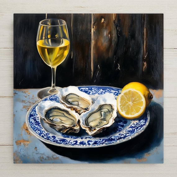 Vintage Seafood Still Life Ceramic Tile: Oysters & Wine Coastal Kitchen Wall Art Decor