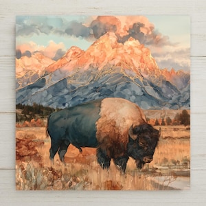 May include: A square wall art print featuring a large bison standing in a golden grassy field. The background displays a mountain range with peaks illuminated by warm orange light under a sky filled with soft, blended clouds and blue tones.
