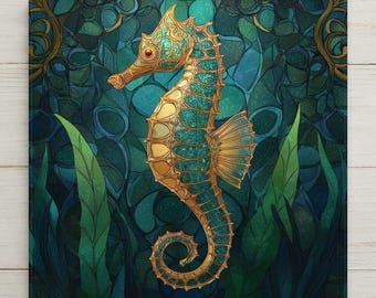 May include: A square wall art piece featuring a stylised seahorse with a gold and turquoise mosaic-like body. The seahorse is centred against a dark teal background with abstract circular patterns and long, pointed green aquatic leaves.
