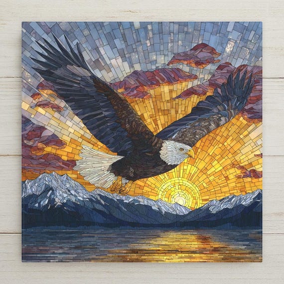 Bald Eagle Ceramic Tile Wall Art – Stained Glass Mountain Sunset Design, Nature Home Decor, Rustic Cabin Decor, Wildlife Wall Art Gift