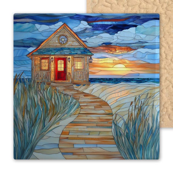 Stained Glass Sunset Beach Cottage Tile - Coastal Wall Art, Ocean Home Decor, Nautical Gift