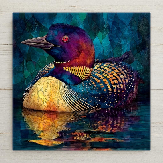 Loon Wall Art Ceramic Tile Stained Glass Style Minnesota Gift State Bird Lake Decor Birdwatcher Place Identity