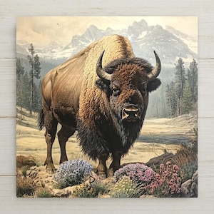 American Buffalo Wall Art Ceramic Tile Western Gift Vintage Wildlife Decor Bison Art Nature Lover Cabin Gift Tile
