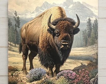 Puede incluir: Una impresión de arte mural cuadrada que muestra un gran bisonte marrón de pie en un paisaje montañoso. El bisonte tiene pelaje grueso, cuernos curvados y está en primer plano. El fondo muestra pinos, un río y montañas nevadas.