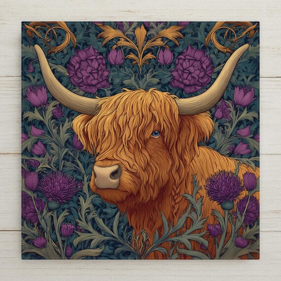Highland Cow Wall Art Ceramic Tile – Scottish Rustic Farmhouse Decor, Thistle Botanical Wall Decor, Cottagecore Home Decor