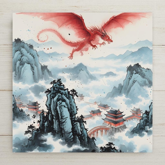 Chinese Dragon Wall Art Ceramic Tile – Asian Dragon Decor – Japanese Ink Style Dragon Art – Decorative Wall Tile – Asian Home Decor