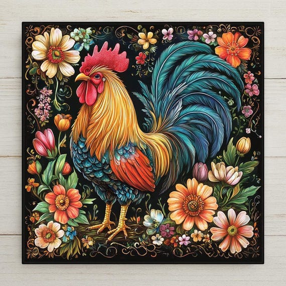 Vibrant Folk Art Rooster Ceramic Tile - Floral Wall Art Country Farmhouse Kitchen Wall Decor, Nature Inspired Home Decor