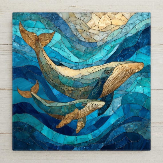 Whale Stained Glass Art Tile Ocean Wall Art Coastal Marine Life Home Decor Nautical Sea Inspired Accent Decorative Tile