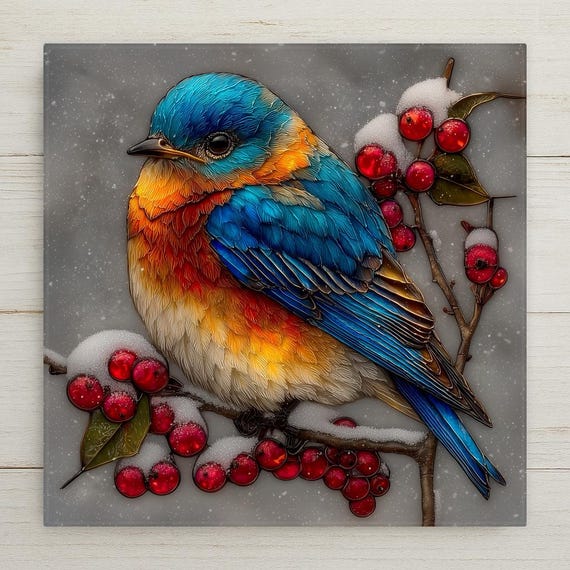 Winter Bluebird Wall Art Ceramic Tile Stained Glass Style Christmas Bird Lover Gift Birdwatcher Decor Art