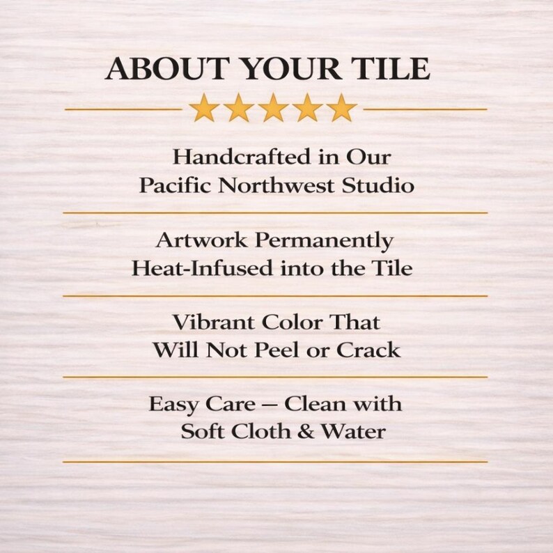 The image is a text-based description of a tile, highlighting its features such as being handmade in a studio, permanently heat-infused into the tile, having a vibrant color that won't peel or crack, and being easy to care for with soft cloth and water.
