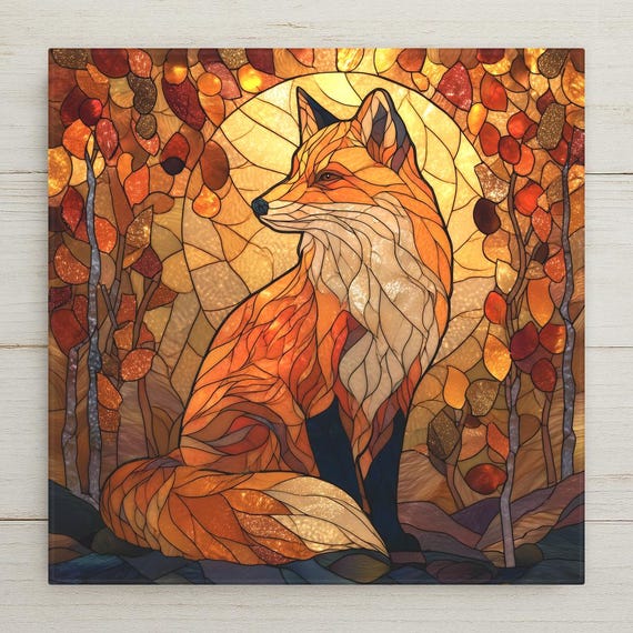 Fox Ceramic Tile Wall Art – Stained Glass Style Autumn Wildlife, Rustic Home Decor Wall Decor Gift