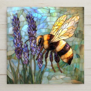 Stained Glass Bee & Lavender Ceramic Tile Wall Art: Cottagecore Wall Decor Home Decor